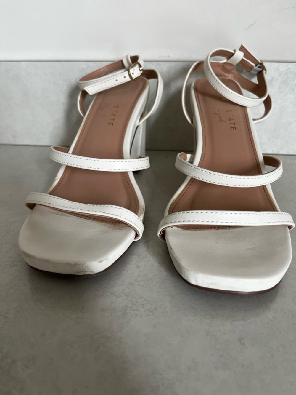 Altar'd State White Triple-Strap Ankle Buckle Block Heels